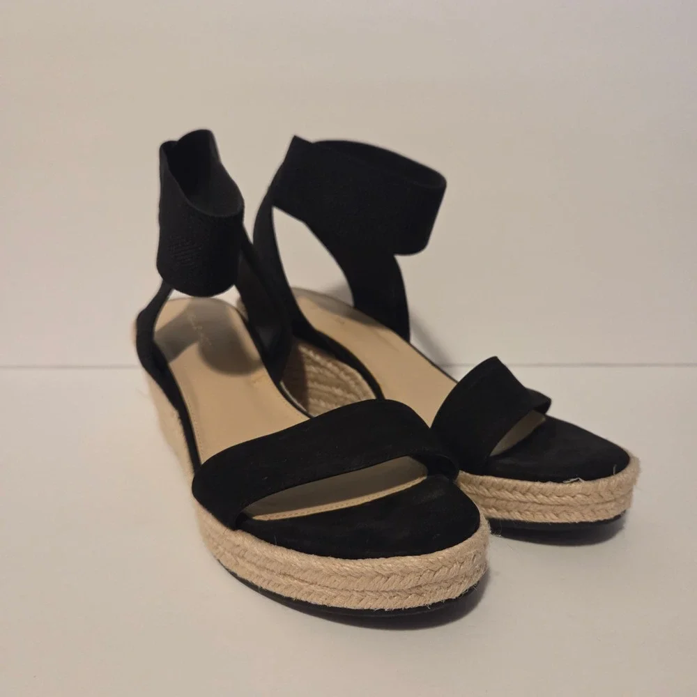 Pelle Moda Womens Black Suede Espadrille Wedge Sandals Elastic Ankle Strap 10M